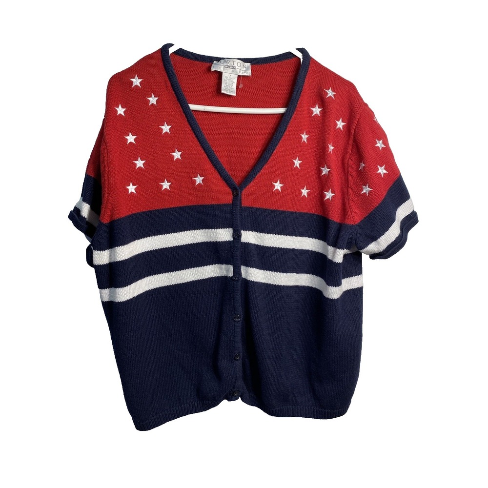 norton studio womens sweater size 1X red white blue knit buttons‎ short sleeve
